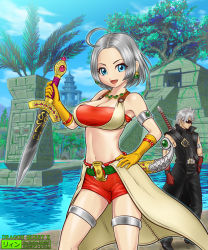 Rule 34 | 1boy, 1girl, :d, ahoge, armlet, bandeau, blue eyes, breasts, coat, copyright name, dagger, dragon quest, dragon quest x, earrings, gem, gloves, hand on own hip, highres, holding, holding weapon, jewelry, knife, large breasts, looking at viewer, maya (culture), mayan, midriff, necklace, open mouth, overcoat, raul (dq10), red shorts, riin (dq10), short hair, shorts, silver hair, smile, solo focus, sunglasses, thigh strap, ur (wulfa), water, watermark, weapon, web address