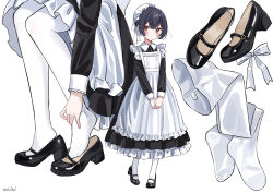 Rule 34 | 1girl, apron, black dress, black footwear, black hair, blush, bun cover, dress, eluthel, feet, frilled dress, frills, full body, heel pop, high heels, highres, idolmaster, idolmaster shiny colors, looking at viewer, maid, mary janes, morino rinze, multiple views, no shoes, pantyhose, parted lips, red eyes, shoes, short hair, simple background, sitting, standing, thighhighs, unworn pantyhose, unworn shoes, v arms, white apron, white background, white pantyhose, white thighhighs
