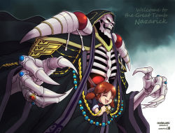 Rule 34 | 1boy, 1girl, :d, ainz ooal gown, black robe, black sclera, brown hair, colored sclera, copyright name, dated, english text, closed eyes, fang, fangs, highres, hood, hood up, jewelry, joshua2368, lich, long sleeves, looking at viewer, low twintails, necromancer, nemu emmot, open mouth, overlord (maruyama), red eyes, ring, robe, skeleton, smile, sparkle, standing, twintails, wide sleeves