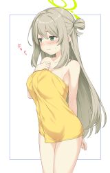 Rule 34 | 1girl, blue archive, breasts, brown hair, cleavage, closed mouth, commentary request, green eyes, green halo, halo, highres, long hair, medium breasts, naked towel, nonomi (blue archive), solo, standing, towel, white background, yamasan, yellow towel