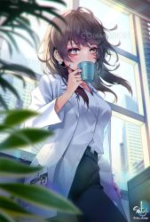 Rule 34 | 1girl, black pants, blurry, blurry foreground, breasts, brown hair, building, collared shirt, commentary, commission, covered mouth, cup, day, depth of field, dress shirt, earrings, grey eyes, highres, holding, holding cup, indoors, jewelry, lab coat, long hair, looking at viewer, medium breasts, mug, open clothes, original, pants, shirt, signature, solo, symbol-only commentary, twitter username, watermark, white shirt, window, yukimichi (nieko)