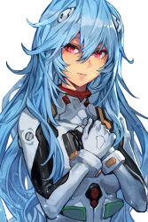 Rule 34 | 1girl, ayanami rei, blue hair, bodysuit, evangelion: 3.0+1.0 thrice upon a time, hair between eyes, hair ornament, hairpods, hands on own chest, hungry clicker, interface headset, long hair, neon genesis evangelion, pilot suit, plugsuit, rebuild of evangelion, red eyes, solo, white bodysuit