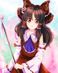Rule 34 | 1girl, absurdres, ascot, blue ascot, bow, brown eyes, brown hair, cherry blossoms, day, detached sleeves, dungeon toaster, flower, gohei, hair bow, hair tubes, hakurei reimu, highres, long hair, looking at viewer, outdoors, pink flower, red skirt, simple background, skirt, skirt set, solo, touhou