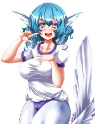 Rule 34 | 1girl, :d, alternate costume, blue eyes, blue hair, blush, breasts, cameltoe, collarbone, colored eyelashes, commentary request, fins, gym uniform, head fins, highres, impossible clothes, impossible shirt, large breasts, matching hair/eyes, mermaid, monster girl, open mouth, pointing, shirt, skin tight, smile, solo, touhou, wakasagihime, white background, zan (harukahime)
