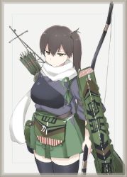 Rule 34 | 10s, 1girl, adapted costume, alternate costume, arrow (projectile), black thighhighs, bow (weapon), breasts, brown hair, camouflage, closed mouth, expressionless, hair between eyes, haori, holding, holding weapon, japanese clothes, kaga (kancolle), kantai collection, large breasts, long hair, muneate, quiver, scarf, shigino sohuzi, side ponytail, solo, thighhighs, weapon, white scarf, yellow eyes, zettai ryouiki