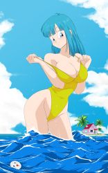 Rule 34 | 1girl, absurdres, alternate breast size, bare arms, bare legs, bare shoulders, beach, blue eyes, blue hair, blue sky, blush, breast press, breasts, caisama, casual one-piece swimsuit, cleavage, cloud, coconut tree, covered navel, cowboy shot, curvy, day, dragon ball, dragonball z, female focus, happy, highleg, highleg swimsuit, highres, house, island, kame house, large breasts, leaning forward, light smile, long hair, looking at viewer, maron (dragon ball), matching hair/eyes, medium breasts, ocean, one-piece swimsuit, outdoors, palm tree, pulled by self, self exposure, sky, smile, solo, standing, swimsuit, tree, wading, water, wet, yellow one-piece swimsuit