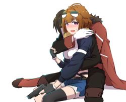 Rule 34 | 1boy, 1girl, blush, breasts, brown hair, chinese commentary, commander (girls&#039; frontline), commentary request, embarrassed, eyewear on head, girls&#039; frontline, griffin &amp; kryuger military uniform, grizzly mkv (girls&#039; frontline), gun, handgun, hug, hug from behind, jacket, l.a.r. manufacturing, lar grizzly win mag, medium breasts, open mouth, purple eyes, short hair, shorts, sunglasses, thighhighs, weapon, xiujia yihuizi