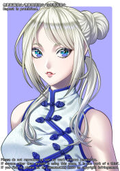 Rule 34 | 1girl, blonde hair, blue eyes, breasts, china dress, chinese clothes, commentary request, double bun, dress, english text, eyebrows hidden by hair, hair bun, highres, large breasts, low twintails, mito amatsu, original, parted lips, portrait, sidelocks, solo, twintails, watermark