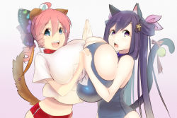 Rule 34 | 2girls, animal ears, ariane cevaille (silo9), bell, blue eyes, breast press, breasts, cat ears, cat tail, dog ears, dog tail, gigantic breasts, hair ornament, long hair, magister, multiple girls, open mouth, oppai loli, pink hair, purple eyes, sakuraba himari (magister), skindentation, smile, symmetrical docking, tail