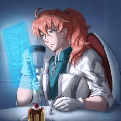 Rule 34 | ahoge, caramel, coat, coffee, coffee mug, cup, dannie dewitt, fate/grand order, fate (series), food, fruit, gloves, green coat, green eyes, hair between eyes, holding, hologram, holographic interface, male focus, mug, multicolored coat, orange hair, ponytail, pudding, romani archaman, smile, spoon, strawberry, two-tone coat, upper body, white gloves