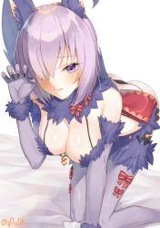 Rule 34 | 1girl, all fours, animal costume, animal ears, bare shoulders, blurry, blush, bow, breasts, claw pose, cleavage, depth of field, eyelashes, fate/grand order, fate (series), fur trim, glint, gloves, hair over one eye, halloween costume, lace, lace-trimmed legwear, lace trim, mash kyrielight, mash kyrielight (dangerous beast), official alternate costume, on bed, one eye covered, palms, purple eyes, purple gloves, purple hair, red bow, shiny skin, short hair, solo, tail, thighhighs, twitter username, white background, wolf ears, wolf tail, you06