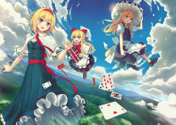 Rule 34 | 2girls, alice margatroid, apron, black skirt, blonde hair, blue dress, blue eyes, blue sky, blush, book, bow, braid, breasts, broom, broom riding, capelet, card, cleavage, cloud, cloudy sky, culter, day, doll, dress, flying, frilled skirt, frills, hair bow, hairband, hat, kirisame marisa, landscape, long hair, looking at viewer, multiple girls, open mouth, outdoors, playing card, puffy sleeves, red ribbon, ribbon, shanghai doll, shoes, short hair, side braid, single braid, skirt, skirt set, sky, small breasts, smile, touhou, vest, white bow, witch hat, yellow eyes