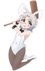 Rule 34 | 1girl, animal ears, black bow, black bowtie, black pantyhose, bow, bowtie, breasts, brown eyes, covered navel, detached collar, fake animal ears, fake tail, fishnet pantyhose, fishnets, full body, glasses, grey hair, hairband, hirato (kancolle), junes, kantai collection, kine, leotard, mallet, pantyhose, playboy bunny, rabbit ears, rabbit tail, shoes, short hair, simple background, small breasts, solo, strapless, strapless leotard, tail, wavy hair, white background, white footwear, white leotard, wing collar, wrist cuffs