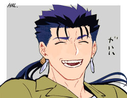 Rule 34 | 1boy, blue hair, border, closed eyes, collarbone, cu chulainn (fate), facing viewer, fangs, fate/stay night, fate (series), green shirt, hal (haaaalhal), long hair, male focus, open mouth, ponytail, shirt, signature, silver earrings, solo, teeth, upper body, white border