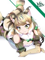 Rule 34 | 1girl, animal ears, bare shoulders, belt, camouflage, cat ears, cat girl, cat tail, elbow gloves, extra ears, fingerless gloves, gloves, green eyes, grey hair, highres, jacket, jungle cat (kemono friends), kemono friends, kemono friends v project, kiryu (rnrwbhybsxj4qgk), kneehighs, long hair, looking at viewer, microphone, ribbon, scarf, shirt, simple background, skirt, socks, solo, tail, twintails, virtual youtuber