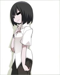 Rule 34 | 1girl, black eyes, black hair, black pants, border, closed mouth, collared shirt, cowboy shot, from side, grey border, hair between eyes, hammer (sunset beach), hand on own chest, highres, looking to the side, monogatari (series), oshino ougi, pants, shirt, short hair, short sleeves, smile, solo, standing, watch, white background, white shirt, wristwatch