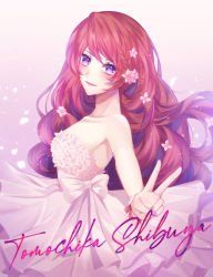 Rule 34 | 1girl, absurdres, alternate costume, artist name, bare shoulders, blush, bow, braid, breasts, character name, collarbone, commentary request, curly hair, dress, dress bow, dress flower, falling petals, flower, from side, hair flower, hair ornament, hasu (selisa), highres, long hair, looking at viewer, medium breasts, multicolored hair, nail polish, petals, pink background, pink dress, pink eyes, pink flower, pink nails, purple eyes, purple hair, red hair, shibuya tomochika, smile, solo, strapless, strapless dress, upper body, uta no prince-sama, v, white dress, white flower