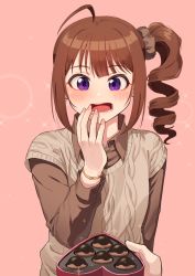 Rule 34 | 1girl, ahoge, box, bracelet, brown hair, brown scrunchie, brown shirt, collared shirt, commentary, drill hair, earrings, food, frown, grey sweater, hair ornament, hair scrunchie, hand to own mouth, heart-shaped box, idolmaster, idolmaster million live!, jewelry, kamille (vcx68), long sleeves, looking at viewer, medium hair, open mouth, pink background, pov, purple eyes, scrunchie, shirt, side drill, side ponytail, sidelocks, simple background, sleeveless, sleeveless sweater, sparkle, sweater, takoyaki, upper body, wing collar, yokoyama nao