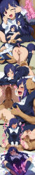 Rule 34 | 1boy, 1girl, ;d, absurdres, anus, ass, bed, blue hair, blush, grabbing another&#039;s breast, breasts, censored, comic, cross, grabbing, hairu, happy sex, heart, hetero, highres, kannagi, light smile, long hair, long image, mosaic censoring, naughty face, no panties, one eye closed, open mouth, penis, purple eyes, purple hair, pussy, sequential, sex, sign, smile, socks, solo focus, spread legs, tall image, torogao, translation request, trembling, vaginal, wink, zange