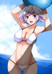 Rule 34 | 10s, 1girl, armpits, arms up, ball, bare shoulders, beachball, bikini, blue hair, blush, breasts, cleavage, cloud, cloudy sky, collarbone, day, dutch angle, farrah (granblue fantasy), female focus, gluteal fold, granblue fantasy, groin, han (jackpot), holding, large breasts, light purple hair, looking at viewer, navel, ocean, open mouth, outdoors, purple eyes, short hair, sky, smile, solo, swimsuit, teeth, thigh gap, upper teeth only, wet, white bikini