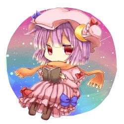 Rule 34 | 1girl, alternate hairstyle, book, chibi, dress, female focus, full body, gradient background, hat, open book, patchouli knowledge, perfect cherry blossom, purple hair, reading, red eyes, scarf, short hair, solo, touhou, white background, yuya (night lily)