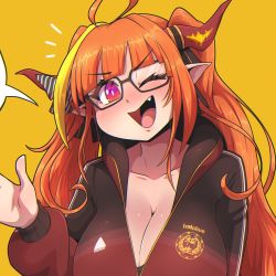 Rule 34 | 1girl, ahoge, black-framed eyewear, black ribbon, black thighhighs, blonde hair, blunt bangs, blush, bow, breasts, bright pupils, censored, censored text, cleavage, collarbone, diagonal-striped bow, dragon girl, dragon horns, dragon tail, emblem, fang, glasses, hair ribbon, hand up, hololive, hood, hood down, hooded track jacket, horn bow, horn ornament, horns, jacket, kiryu coco, kiryu coco (loungewear), large breasts, leaning forward, logo, long hair, long sleeves, looking at viewer, multicolored eyes, multicolored hair, official alternate costume, one eye closed, open hand, open mouth, orange background, orange hair, pointy ears, profanity, purple eyes, red eyes, red jacket, ribbon, ryou sakai, sidelocks, signature, simple background, solo, standing, streaked hair, striped, striped bow, tail, thighhighs, track jacket, twintails, very long hair, virtual youtuber, white pupils