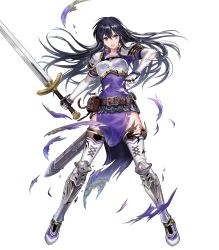 Rule 34 | armor, dress, fire emblem, fire emblem heroes, full body, highres, holding, holding sword, holding weapon, injury, nintendo, official art, pauldrons, ryona, shoulder armor, simple background, solo, standing, sword, thighhighs, torn clothes, torn dress, torn thighhighs, transparent background, weapon