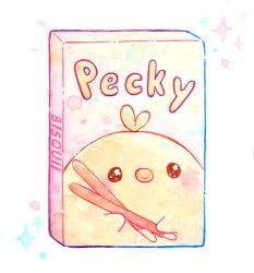 Rule 34 | animal focus, artist name, bird, bisquii, box, candy, chibi, chick, chocolate, closed mouth, food, holding, holding food, no humans, original, painting (medium), pocky, simple background, smile, sparkle, symbol-shaped pupils, traditional media, watercolor (medium), white background