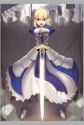 Rule 34 | 1girl, ahoge, armor, armored dress, artoria pendragon (fate), blonde hair, boa (brianoa), commentary, excalibur (fate/stay night), fate/stay night, fate (series), gauntlets, green eyes, looking at viewer, open mouth, ponytail, saber (fate), short hair, sword, weapon