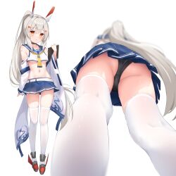 Rule 34 | 1girl, arm behind back, ass, ayanami (azur lane), ayanami (retrofit) (azur lane), azur lane, bandaid, bandaid on arm, bandaid on shoulder, bare shoulders, black panties, blonde hair, blue skirt, blush, breasts, commentary request, crop top, detached sleeves, from behind, from below, full body, groin, hair between eyes, hair ornament, hairclip, hand up, headgear, highres, holding, legs, long hair, looking at viewer, medium breasts, miniskirt, multiple views, navel, neckerchief, no bra, open mouth, orange hair, panties, parted lips, pleated skirt, ponytail, red eyes, revision, rudder footwear, sailor collar, school uniform, serafuku, shirt, simple background, sironora, skindentation, skirt, standing, thighhighs, thighs, underboob, underwear, upskirt, very long hair, white background, white shirt, wide sleeves, yellow neckerchief, zettai ryouiki