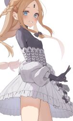 Rule 34 | 1girl, abigail williams (event portrait) (fate), abigail williams (fate), absurdres, black bow, black gloves, black hat, blonde hair, blue eyes, blush, bow, braid, braided ponytail, breasts, clenched teeth, commentary request, fate/grand order, fate (series), forehead, gloves, hair bow, hat, highres, keyhole, kopaka (karda nui), long hair, looking at viewer, simple background, skirt, small breasts, smile, solo, teeth, v, white background, white skirt