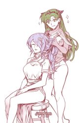 Rule 34 | 2girls, armor, blush, breasts, camilla (fire emblem), cleavage, cosplay, costume switch, fire emblem, fire emblem: the blazing blade, fire emblem fates, fire emblem heroes, gloves, green eyes, green hair, hair over one eye, highres, large breasts, liefe, long hair, lyn (fire emblem), lyn (fire emblem) (cosplay), multiple girls, nintendo, purple hair, smile, tiara, very long hair, wavy hair