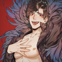Rule 34 | 1boy, anderain, belial (granblue fantasy), black hair, black jacket, feather boa, granblue fantasy, hand on own chest, highres, jacket, large pectorals, looking at viewer, male focus, nipples, open clothes, open jacket, open mouth, pectorals, red eyes, short hair, solo, tongue, tongue out, upper body