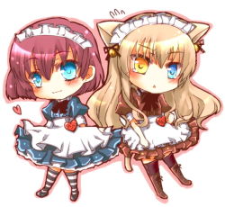 Rule 34 | 2girls, alternate costume, animal ears, apron, argyle, argyle clothes, argyle legwear, black legwear, blonde hair, blue dress, blue eyes, boots, brown dress, brown hair, cat ears, cat tail, chibi, company connection, crossover, dress, enmaided, full body, heart, heterochromia, kemonomimi mode, knee boots, liarsoft, lily (shiei no sona-nyl), long hair, maid, maid apron, maid headdress, mary clarissa christie, multiple girls, name tag, puffy short sleeves, puffy sleeves, shiei no sona-nyl, shikkoku no sharnoth, short hair, short sleeves, smile, steampunk (liarsoft), striped clothes, striped legwear, striped thighhighs, suzuka (once), tail, thighhighs, thighhighs under boots, white background, yellow eyes