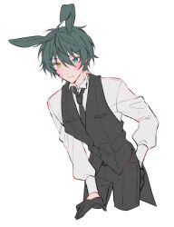 Rule 34 | 1boy, alternate costume, animal ears, black gloves, black necktie, black pants, black vest, blue eyes, blush, closed mouth, cowboy shot, ensemble stars!, gloves, green hair, hair between eyes, heterochromia, kagehira mika, long sleeves, looking at viewer, mizuki1103, necktie, pants, pov, rabbit boy, rabbit ears, shirt, short hair, simple background, solo, vest, white background, white shirt, yellow eyes