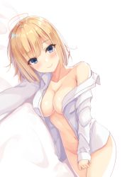 Rule 34 | 1girl, bare shoulders, blonde hair, blue eyes, blush, breasts, cleavage, closed mouth, collarbone, collared shirt, cowboy shot, hatsu (first snow), large breasts, long sleeves, looking at viewer, lying, naked shirt, navel, no bra, off shoulder, on side, open clothes, open shirt, original, shirt, short hair, smile, solo, white background, white shirt