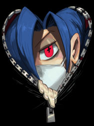 Rule 34 | + +, 1girl, alex ahad, blue hair, cross-shaped pupils, lab zero games, looking at viewer, mask, mouth mask, name connection, official art, red eyes, skullgirls, solo, surgical mask, symbol-shaped pupils, unzipped, valentine, valentine (skullgirls), yandere, zipper