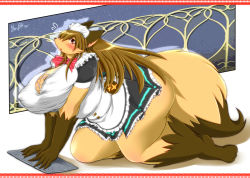 1girl breasts brown_hair cleaning covered_erect_nipples female_focus fox full_body furry furry_female long_hair maid red_eyes skirt solo ymbk