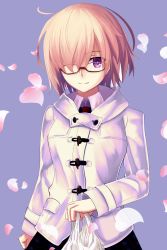 Rule 34 | 1girl, bag, black skirt, cherry blossoms, coat, duffel coat, fate/grand order, fate (series), glasses, hair over one eye, highres, holding, holding bag, looking at viewer, mash kyrielight, mash kyrielight (fgo x lawson), mishiro (ixtlolton), official alternate costume, pink hair, purple eyes, red-framed eyewear, short hair, skirt, smile, solo, standing, white coat