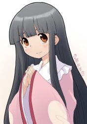 Rule 34 | 1girl, black hair, blunt bangs, blush, brown eyes, closed mouth, collared shirt, commentary request, dated, frilled shirt collar, frills, highres, hime cut, houraisan kaguya, kei jiei, long hair, long sleeves, looking at viewer, one-hour drawing challenge, pink shirt, shirt, sleeves past wrists, smile, solo, steepled fingers, touhou, upper body, very long hair, white background, wide sleeves