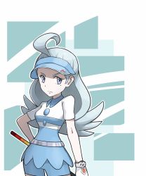 Rule 34 | &gt;:(, 1girl, ahoge, aqua hair, artist request, belt, blue hat, blue shorts, bracelet, breasts, closed mouth, collared shirt, cowboy shot, creatures (company), elite four, frown, game freak, hat, jewelry, kahili (pokemon), long hair, looking away, looking to the side, medium breasts, mole, mole under eye, nintendo, outline, pokemon, pokemon sm, purple eyes, shirt, short sleeves, shorts, solo, standing, striped clothes, striped shirt, v-shaped eyebrows, visor cap, z-ring