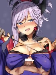 Rule 34 | 1girl, bar censor, bare shoulders, blue eyes, blush, breasts, censored, cleavage, fate/grand order, fate (series), grey background, large breasts, light purple hair, long hair, looking at viewer, miyamoto musashi (fate), miyamoto musashi (third ascension) (fate), nametake (nekoyasya12172), open mouth, paizuri, penis, pubic hair, smile, solo focus