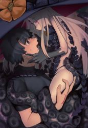 Rule 34 | 1boy, 1girl, abigail williams (fate), abigail williams (third ascension) (fate), black hair, black shirt, blue eyes, command spell, fate/grand order, fate (series), finger in another&#039;s mouth, fujimaru ritsuka (male), glowing, glowing eyes, hat, kaita (mokamilkcup), long hair, purple eyes, purple hair, shirt, tentacles, tentacles on male, twitter username, witch hat