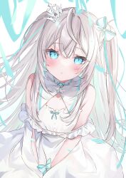 Rule 34 | 1girl, ahoge, blonde hair, blue eyes, bow, commission, crown, dress, hair bow, hakua aa, highres, indie virtual youtuber, looking at viewer, mini crown, petr petrichor, skeb commission, solo, twintails, virtual youtuber, white bow, white dress