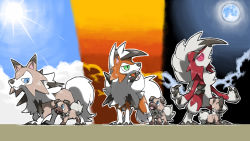 Rule 34 | blacknirrow, blue eyes, claws, cloud, creatures (company), day, dog, evening, evolutionary line, fangs, game freak, gen 7 pokemon, glowing, glowing eyes, green eyes, highres, howling, lycanroc, lycanroc (dusk), lycanroc (midday), lycanroc (midnight), moon, night, nintendo, no humans, open mouth, pokemon, pokemon (creature), red eyes, rockruff, sun