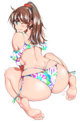 Rule 34 | 1girl, ;q, absurdres, aqua eyes, ass, back, barefoot, bikini, blush, breasts, brown hair, butt crack, curvy, dimples of venus, highres, huge ass, large breasts, long hair, looking at viewer, looking back, nekoguchi, one eye closed, original, ponytail, side-tie bikini bottom, sideboob, simple background, sitting, skindentation, smile, solo, swimsuit, thighs, tongue, tongue out, wariza, wet, white background, wide hips