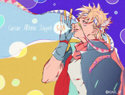 Rule 34 | 1boy, battle tendency, blonde hair, bubble, caesar anthonio zeppeli, character name, commentary request, facial mark, feather hair ornament, feathers, fingerless gloves, gloves, green eyes, hair ornament, headband, jacket, jojo no kimyou na bouken, male focus, mizudama, scarf, smile, soap bubbles, solo, triangle print
