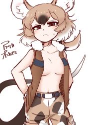 Rule 34 | 1girl, 370ml, animal ears, bare arms, bare shoulders, belt, black hair, breasts, brown eyes, brown hair, brown vest, camouflage, camouflage pants, closed mouth, collarbone, cowboy shot, extra ears, gambian rat (kemono friends), half-closed eyes, hand in pocket, highres, kemono friends, light blush, long hair, looking at viewer, medium breasts, mouse ears, mouse girl, mouse tail, multicolored hair, navel, no bra, open clothes, open vest, pants, ponytail, print pants, simple background, solo, stomach, tail, vest, white background, white hair