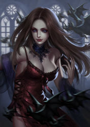 Rule 34 | 1girl, bat (animal), blue eyes, blurry, breasts, brown hair, depth of field, dress, fangs, fingernails, highres, lace, lace-trimmed dress, lace trim, long fingernails, long hair, nail polish, original, parted bangs, realistic, red dress, red eyes, ribbon, sixtin, solo, strap slip, vampire, window