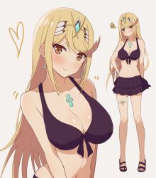 Rule 34 | 1girl, absurdres, alternate costume, bare shoulders, bikini, black bikini, blonde hair, blush, breasts, chest jewel, commentary request, full body, hand on own hip, headpiece, highres, large breasts, long hair, looking at viewer, mythra (xenoblade), navel, sandals, solo, standing, swept bangs, swimsuit, thigh strap, tiara, very long hair, white background, xenoblade chronicles (series), xenoblade chronicles 2, yellow eyes, yoshikirino
